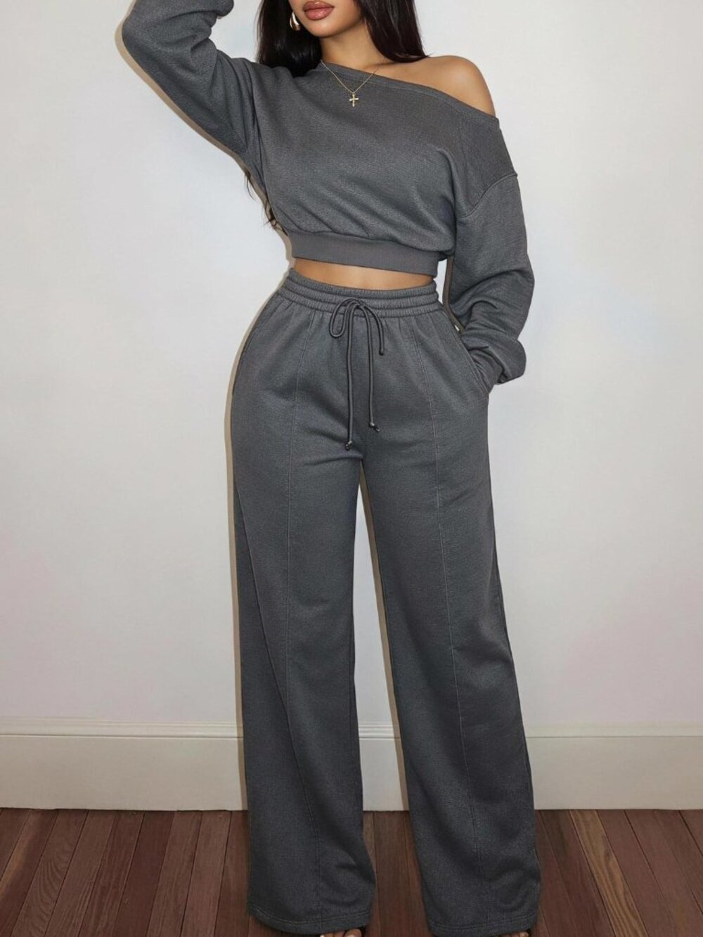 Dark Grey Women's Casual Athleisure Lounge Two Piece Set